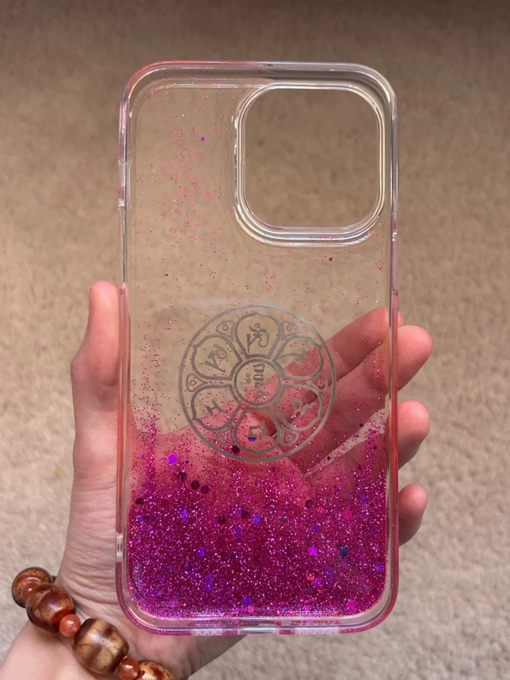 Handmade Tibetan Buddhist Mantra Lotus Pink Glitter IPhone 14 Pro Max Soft Case